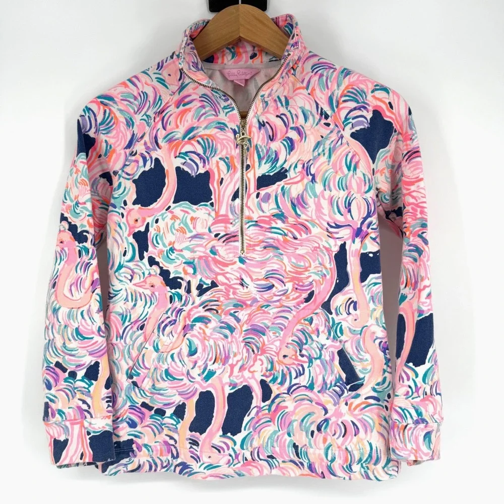 Lilly Pulitzer XXS Skipper Popover Gimme Some Leg Flamingo UPF 50 Terry Half Zip